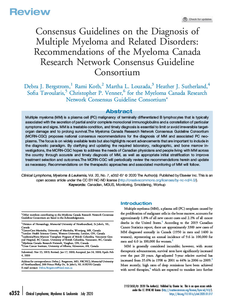 "Photo de l'article « Consensus Guidelines on the Diagnosis of Multiple Myeloma and Related Disorders: Recommendations of the Myeloma Canada Research Network Consensus Guideline Consortium » publié dans Clinical Lymphoma, Myeloma & Leukemia"
