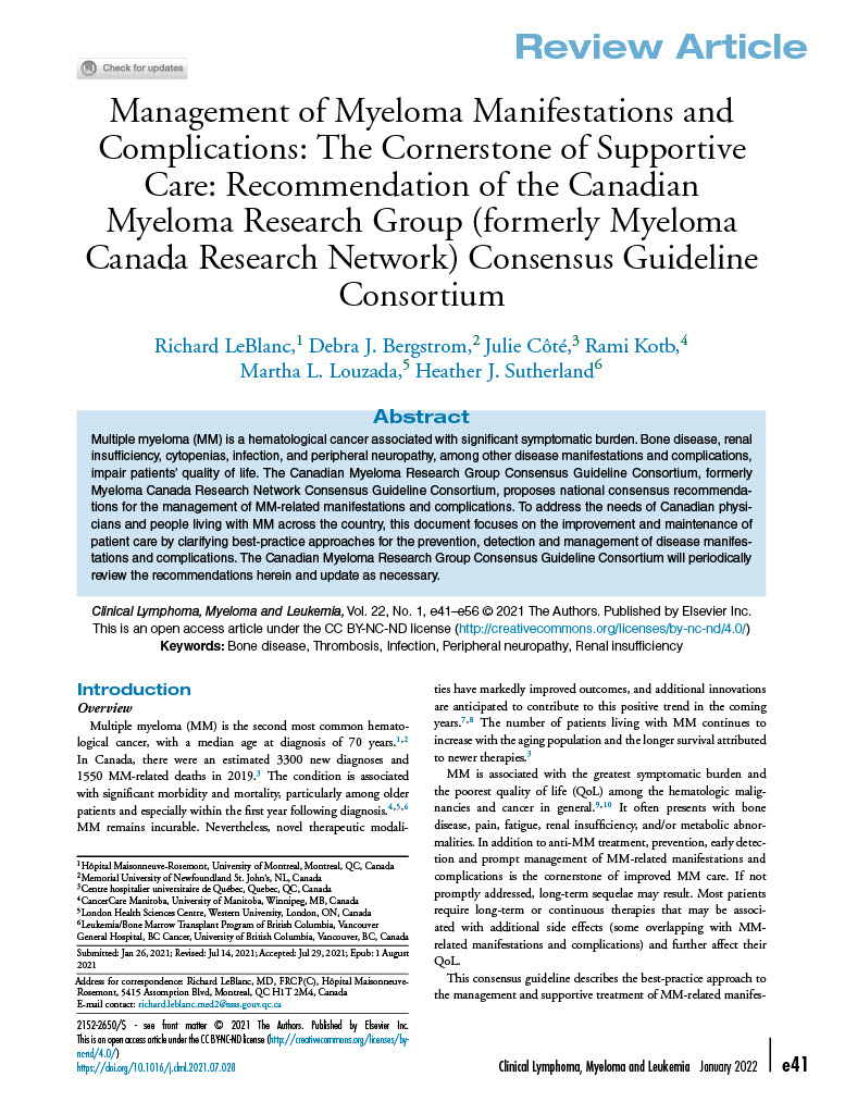 Photo de l'article « Management of Myeloma Manifestations and Complications: The Cornerstone of Supportive Care: Recommendation of the Canadian Myeloma Research Group (formerly Myeloma Canada Research Network) Consensus Guideline Consortium » publié dans Clinical Lymphoma, Myeloma & Leukemia