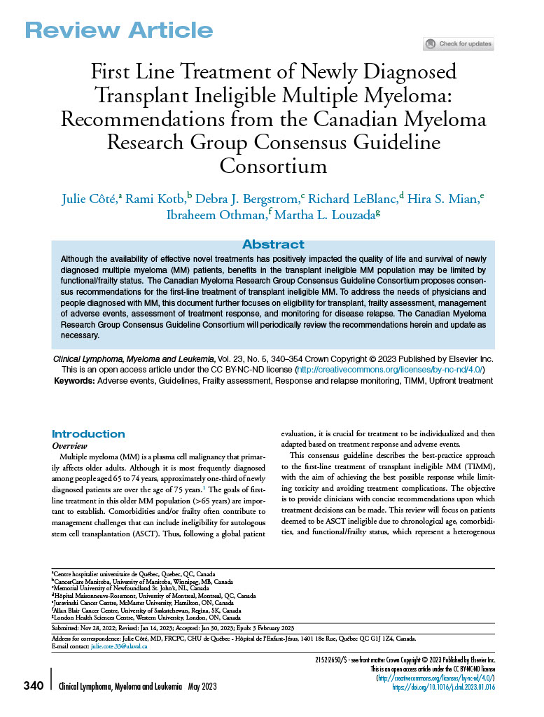 Photo of article, "First line treatment of newly diagnosed transplant ineligible multiple myeloma" published in Clinical Lymphoma, Myeloma & Leukemia