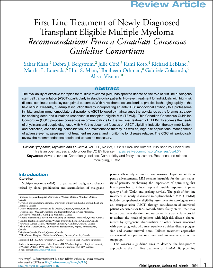 First Line Treatment of Newly Diagnosed Transplant Eligible Multiple Myeloma Recommendations From a Canadian Consensus Guideline Consortium