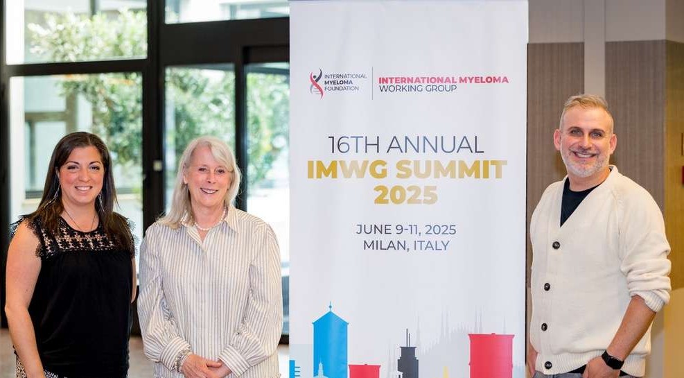 Membres de Myélome Canada (Michelle Oana, Directrice principale de mission; Martine Elias, Présidente-directrice générale; Gabriele Colasurdo, Directeur de science et recherche) au Sommet de l’International Myeloma Working Group (2025)